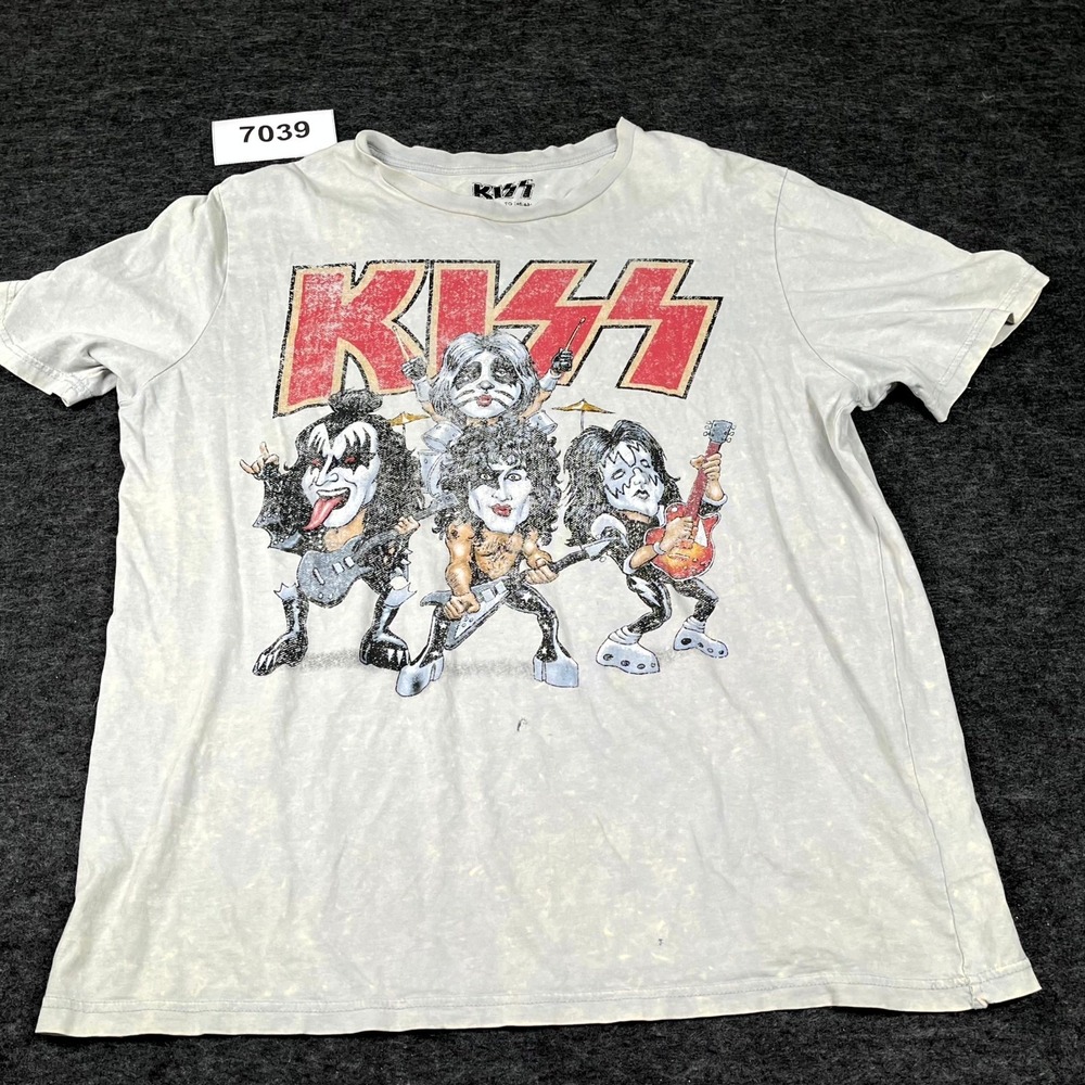 KISS T Shirt Mens XL Gray Distressed Band Graphic Print Crew Neck Hip Hop Casual